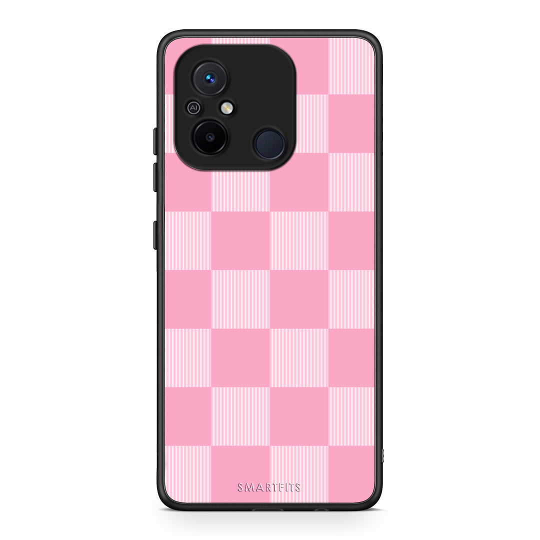 Θήκη Xiaomi Poco C55 Pink and White Striped Checks από τη Smartfits με σχέδιο στο πίσω μέρος και μαύρο περίβλημα | Xiaomi Poco C55 Pink and White Striped Checks case with colorful back and black bezels
