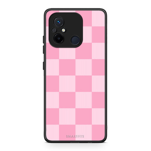 Θήκη Xiaomi Poco C55 Pink and White Striped Checks από τη Smartfits με σχέδιο στο πίσω μέρος και μαύρο περίβλημα | Xiaomi Poco C55 Pink and White Striped Checks case with colorful back and black bezels