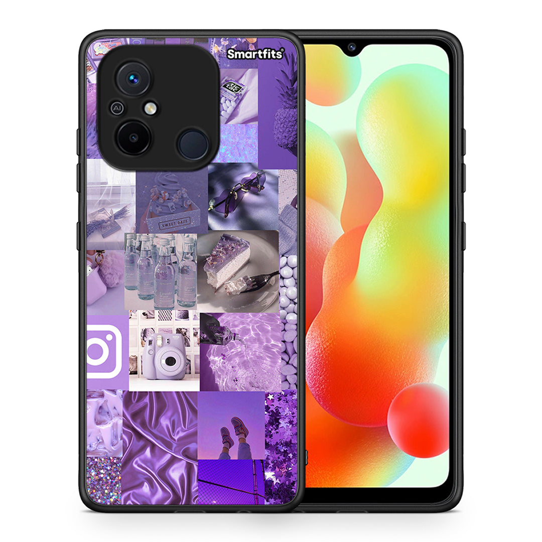 Θήκη Xiaomi Poco C55 Purple Aesthetic Collage από τη Smartfits με σχέδιο στο πίσω μέρος και μαύρο περίβλημα | Xiaomi Poco C55 Purple Aesthetic Collage Case with Colorful Back and Black Bezels