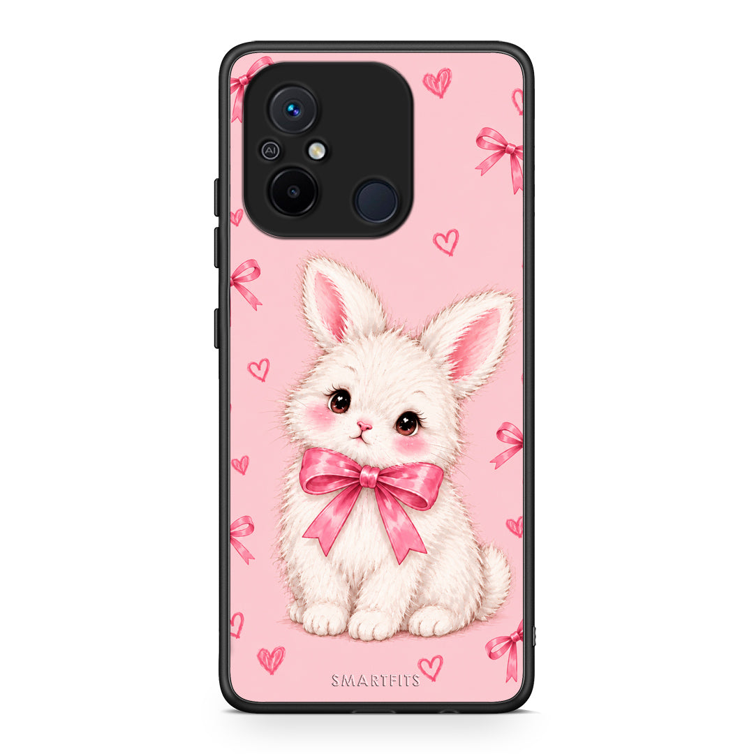 Θήκη Xiaomi Poco C55 White Bunny and Pink Bows από τη Smartfits με σχέδιο στο πίσω μέρος και μαύρο περίβλημα | Xiaomi Poco C55 White Bunny and Pink Bows case with colorful back and black bezels