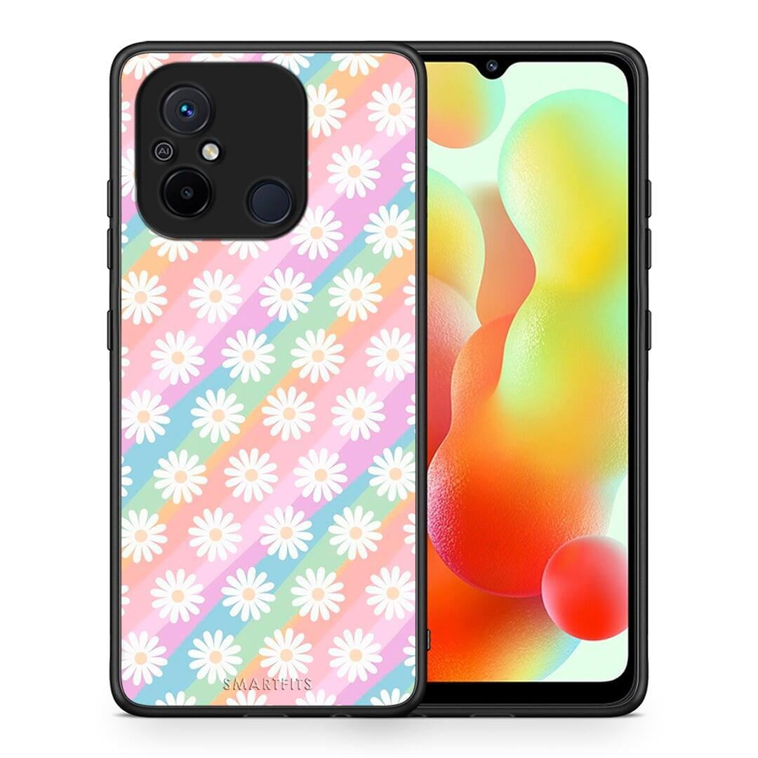 Θήκη Xiaomi Poco C55 White Daisies από τη Smartfits με σχέδιο στο πίσω μέρος και μαύρο περίβλημα | Xiaomi Poco C55 White Daisies Case with Colorful Back and Black Bezels