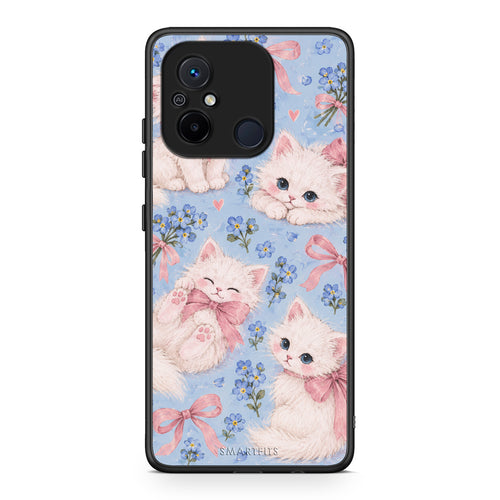 Θήκη Xiaomi Poco C55 White Kittens and Blue Flowers Large από τη Smartfits με σχέδιο στο πίσω μέρος και μαύρο περίβλημα | Xiaomi Poco C55 White Kittens and Blue Flowers Large case with colorful back and black bezels