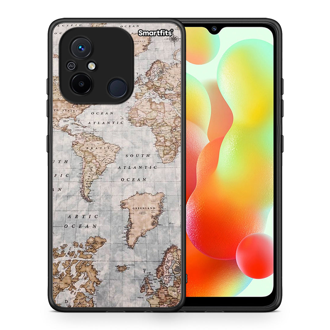 Θήκη Xiaomi Poco C55 World Map από τη Smartfits με σχέδιο στο πίσω μέρος και μαύρο περίβλημα | Xiaomi Poco C55 World Map Case with Colorful Back and Black Bezels