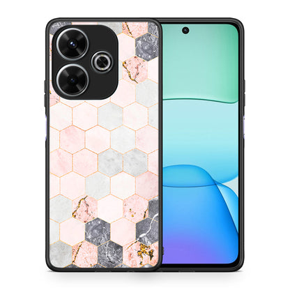 Θήκη Xiaomi Redmi 13 Hexagon Pink Marble από τη Smartfits με σχέδιο στο πίσω μέρος και μαύρο περίβλημα | Xiaomi Redmi 13 Hexagon Pink Marble case with colorful back and black bezels