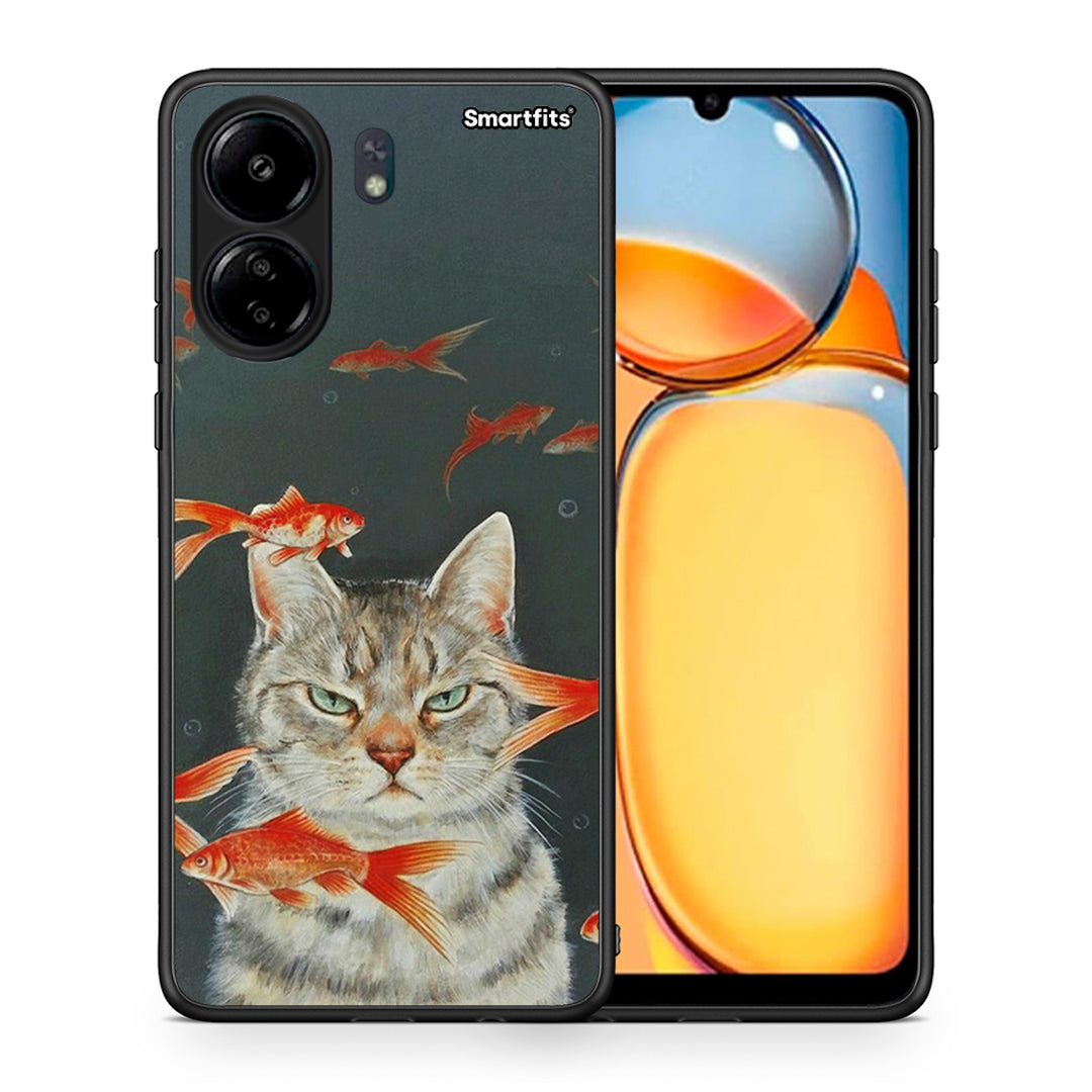 Θήκη Xiaomi Poco C65 Cat Goldfish από τη Smartfits με σχέδιο στο πίσω μέρος και μαύρο περίβλημα | Xiaomi Poco C65 Cat Goldfish case with colorful back and black bezels