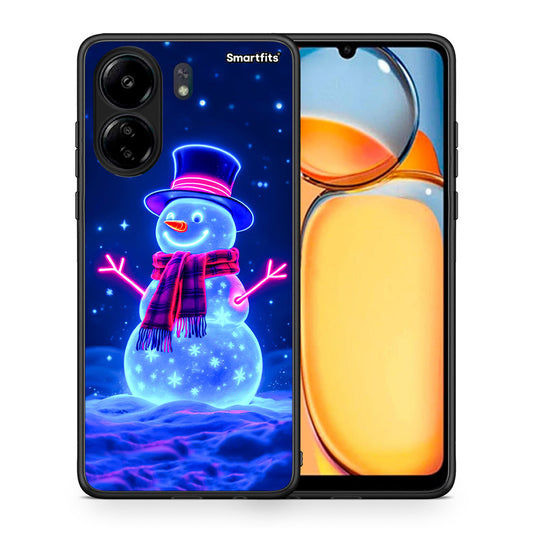 Θήκη Xiaomi Poco C65 Christmas Neon Snowman από τη Smartfits με σχέδιο στο πίσω μέρος και μαύρο περίβλημα | Xiaomi Poco C65 Christmas Neon Snowman case with colorful back and black bezels