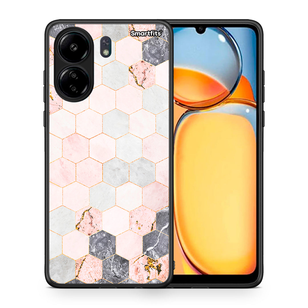 Θήκη Xiaomi Poco C65 Hexagon Pink Marble από τη Smartfits με σχέδιο στο πίσω μέρος και μαύρο περίβλημα | Xiaomi Poco C65 Hexagon Pink Marble case with colorful back and black bezels