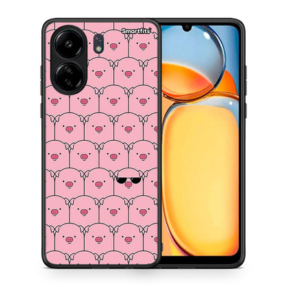 Θήκη Xiaomi Poco C65 Pig Glasses από τη Smartfits με σχέδιο στο πίσω μέρος και μαύρο περίβλημα | Xiaomi Poco C65 Pig Glasses case with colorful back and black bezels