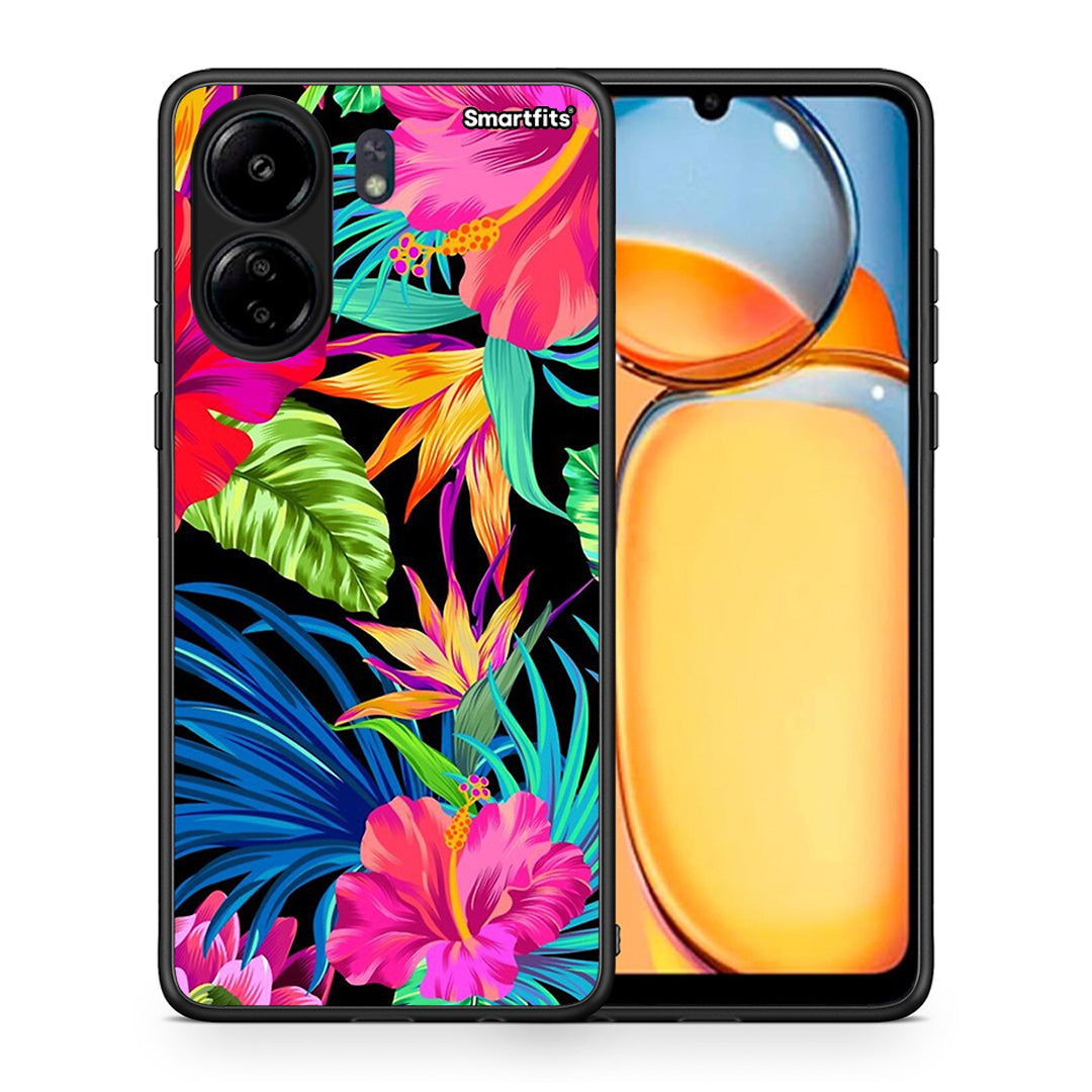 Θήκη Xiaomi Poco C65 Tropical Flowers από τη Smartfits με σχέδιο στο πίσω μέρος και μαύρο περίβλημα | Xiaomi Poco C65 Tropical Flowers case with colorful back and black bezels