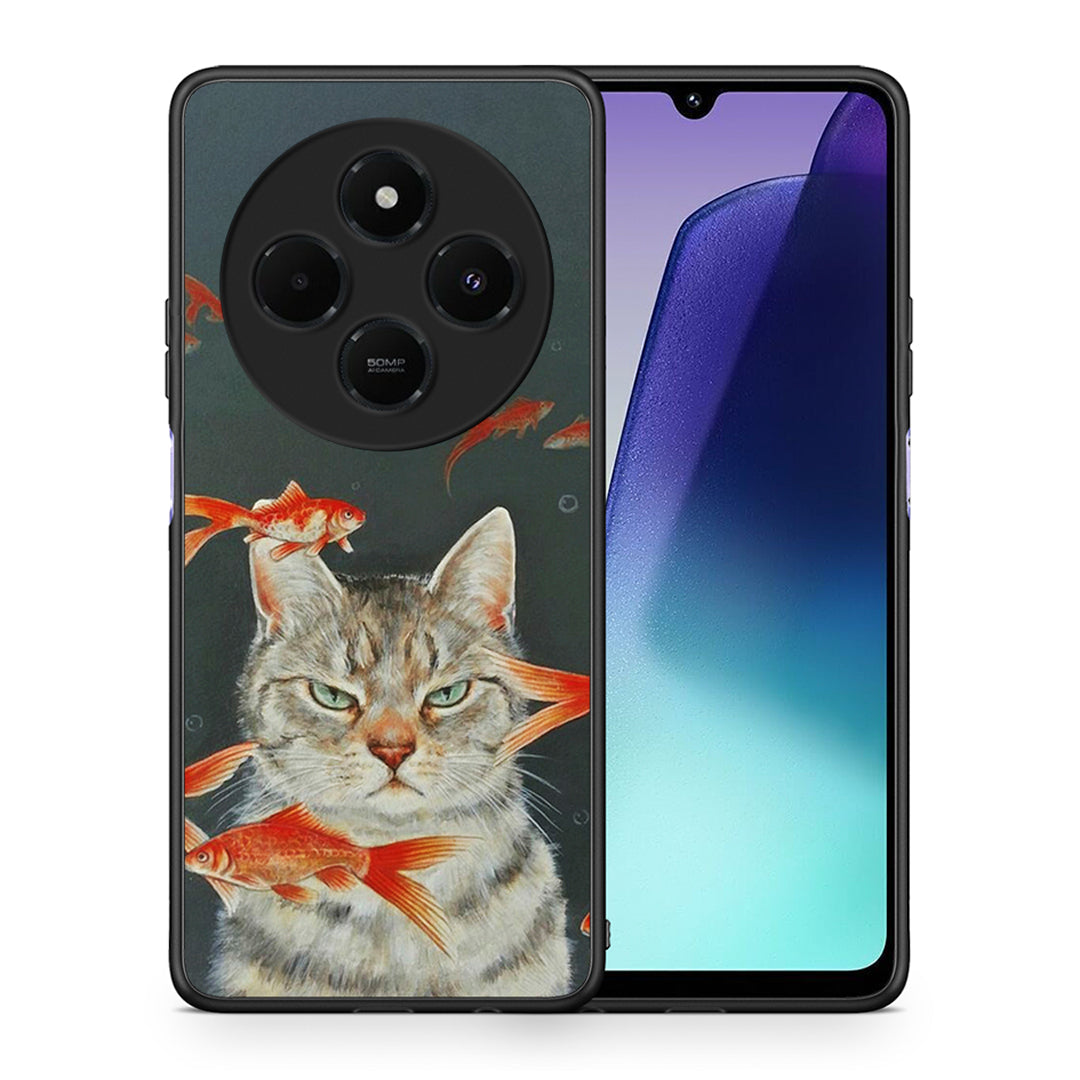 Θήκη Xiaomi Redmi 14C NFC / A3 Pro / Poco 75 4G / 5G Cat Goldfish από τη Smartfits με σχέδιο στο πίσω μέρος και μαύρο περίβλημα | Xiaomi Redmi 14C NFC / A3 Pro / Poco 75 4G / 5G Cat Goldfish case with colorful back and black bezels