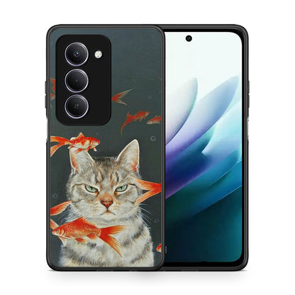 Θήκη Xiaomi Redmi 15 Cat Goldfish από τη Smartfits με σχέδιο στο πίσω μέρος και μαύρο περίβλημα | Xiaomi Redmi 15 Cat Goldfish case with colorful back and black bezels