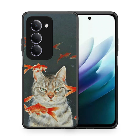 Θήκη Xiaomi Redmi 15 Cat Goldfish από τη Smartfits με σχέδιο στο πίσω μέρος και μαύρο περίβλημα | Xiaomi Redmi 15 Cat Goldfish case with colorful back and black bezels