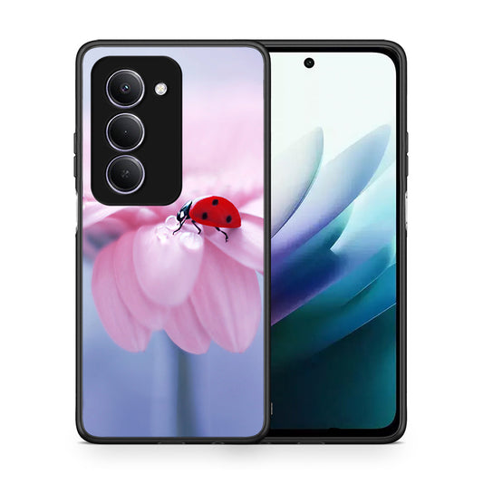 Θήκη Xiaomi Redmi 15 Ladybug Flower από τη Smartfits με σχέδιο στο πίσω μέρος και μαύρο περίβλημα | Xiaomi Redmi 15 Ladybug Flower case with colorful back and black bezels
