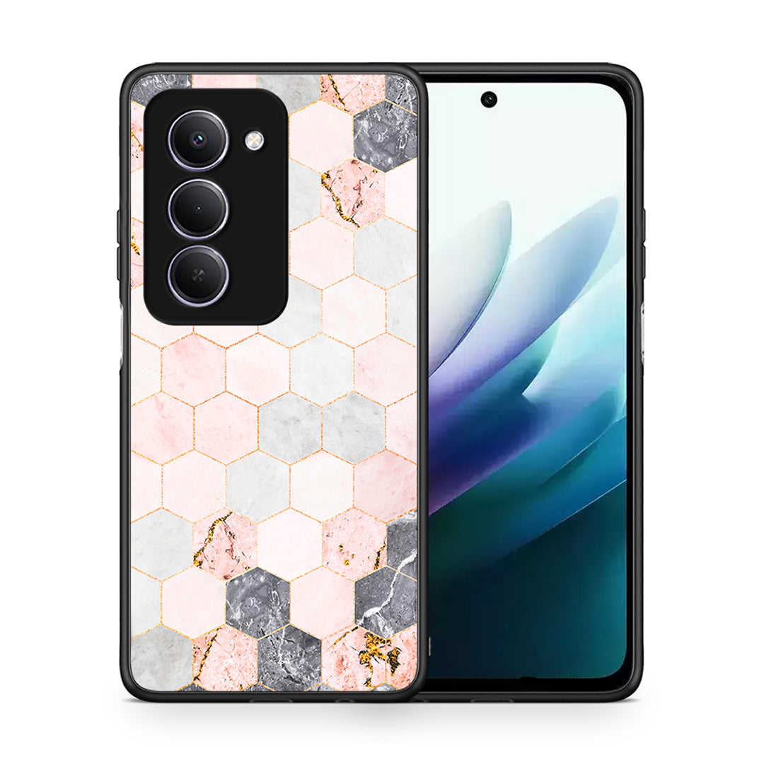 Θήκη Xiaomi Redmi 15 Hexagon Pink Marble από τη Smartfits με σχέδιο στο πίσω μέρος και μαύρο περίβλημα | Xiaomi Redmi 15 Hexagon Pink Marble case with colorful back and black bezels