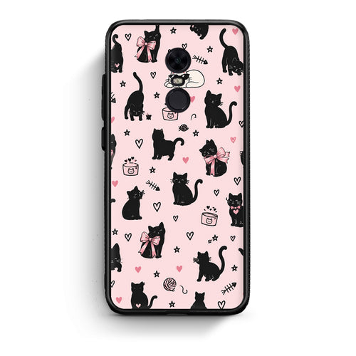 Θήκη Xiaomi Redmi 5 Plus Black Cat Doodles on Pink από τη Smartfits με σχέδιο στο πίσω μέρος και μαύρο περίβλημα | Xiaomi Redmi 5 Plus Black Cat Doodles on Pink case with colorful back and black bezels