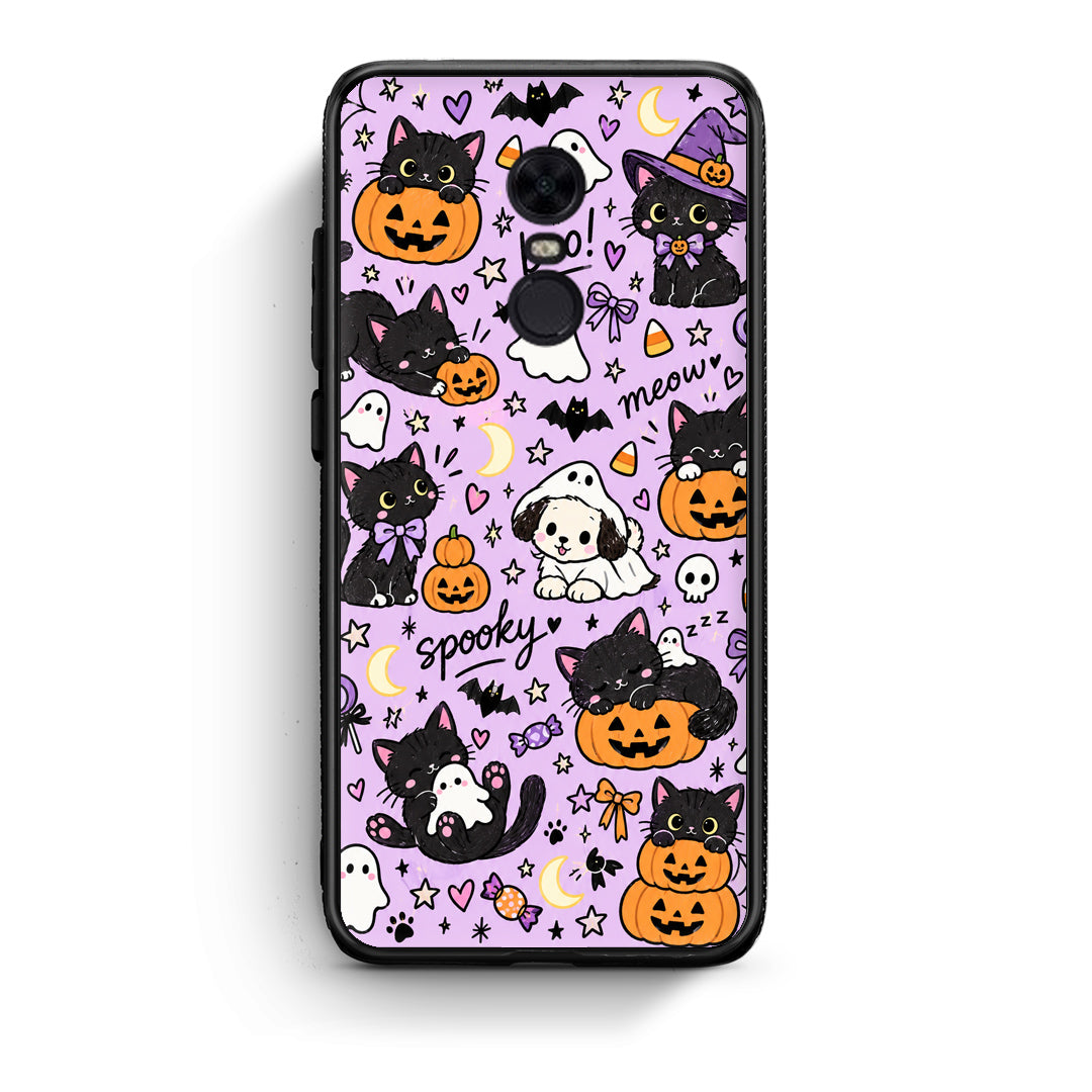 Θήκη Xiaomi Redmi 5 Plus Halloween Black Cats on Lilac από τη Smartfits με σχέδιο στο πίσω μέρος και μαύρο περίβλημα | Xiaomi Redmi 5 Plus Halloween Black Cats on Lilac case with colorful back and black bezels