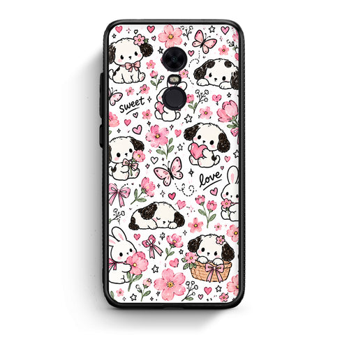 Θήκη Xiaomi Redmi 5 Plus Pink Florals Puppies and Bunnies on White από τη Smartfits με σχέδιο στο πίσω μέρος και μαύρο περίβλημα | Xiaomi Redmi 5 Plus Pink Florals Puppies and Bunnies on White case with colorful back and black bezels