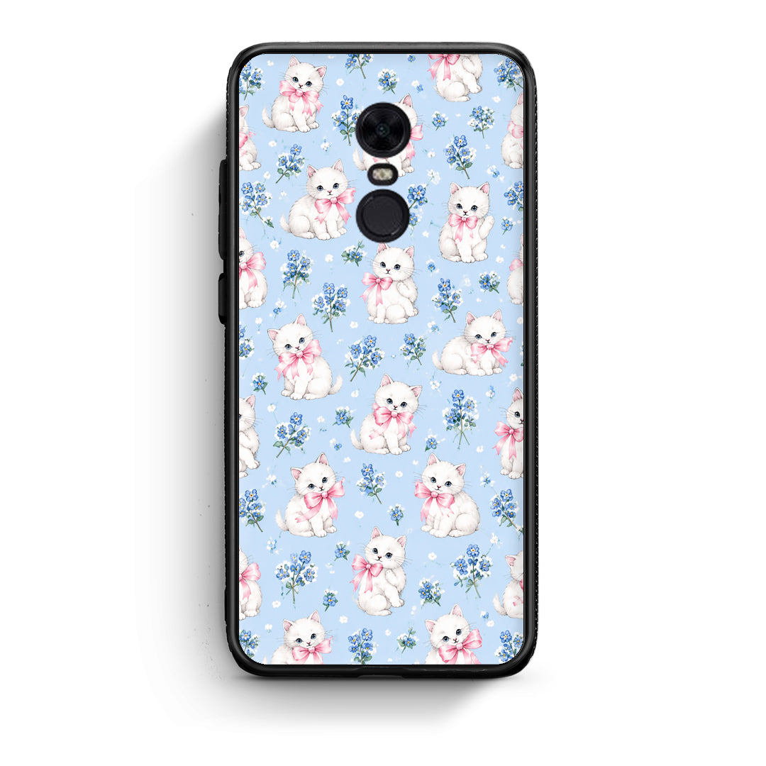 Θήκη Xiaomi Redmi 5 Plus White Kittens and Blue Flowers Small από τη Smartfits με σχέδιο στο πίσω μέρος και μαύρο περίβλημα | Xiaomi Redmi 5 Plus White Kittens and Blue Flowers Small case with colorful back and black bezels