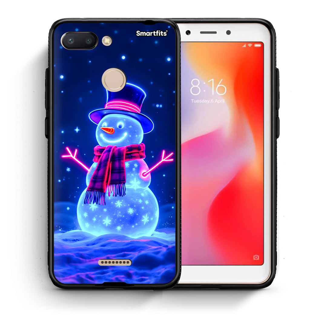 Θήκη Xiaomi Redmi 6 Christmas Neon Snowman από τη Smartfits με σχέδιο στο πίσω μέρος και μαύρο περίβλημα | Xiaomi Redmi 6 Christmas Neon Snowman case with colorful back and black bezels