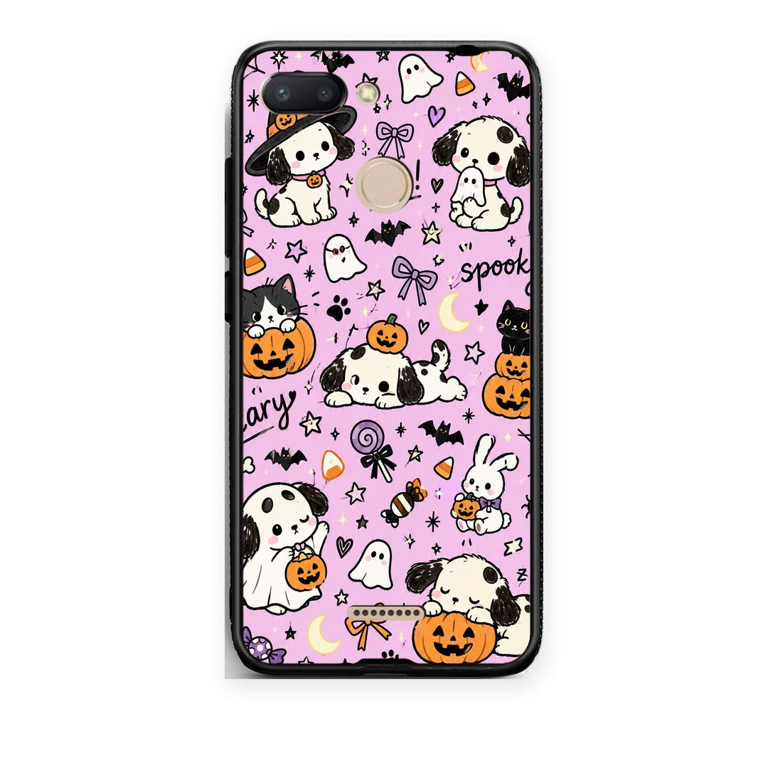 Θήκη Xiaomi Redmi 6 Halloween Puppies and Friends on Lilac από τη Smartfits με σχέδιο στο πίσω μέρος και μαύρο περίβλημα | Xiaomi Redmi 6 Halloween Puppies and Friends on Lilac case with colorful back and black bezels