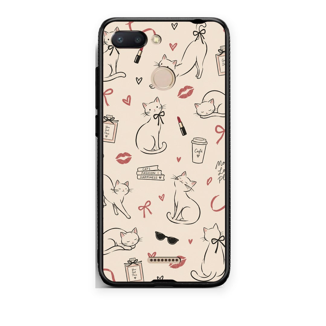 Θήκη Xiaomi Redmi 6 Minimal Cat and Fashion Doodles on Cream από τη Smartfits με σχέδιο στο πίσω μέρος και μαύρο περίβλημα | Xiaomi Redmi 6 Minimal Cat and Fashion Doodles on Cream case with colorful back and black bezels