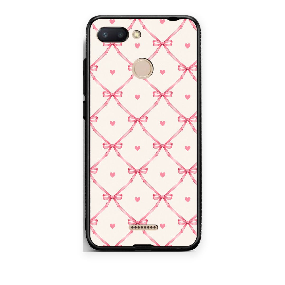 Θήκη Xiaomi Redmi 6 Pink Bow Lattice and Hearts on Cream από τη Smartfits με σχέδιο στο πίσω μέρος και μαύρο περίβλημα | Xiaomi Redmi 6 Pink Bow Lattice and Hearts on Cream case with colorful back and black bezels