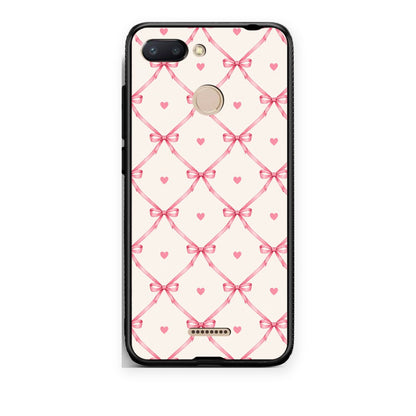 Θήκη Xiaomi Redmi 6 Pink Bow Lattice and Hearts on Cream από τη Smartfits με σχέδιο στο πίσω μέρος και μαύρο περίβλημα | Xiaomi Redmi 6 Pink Bow Lattice and Hearts on Cream case with colorful back and black bezels