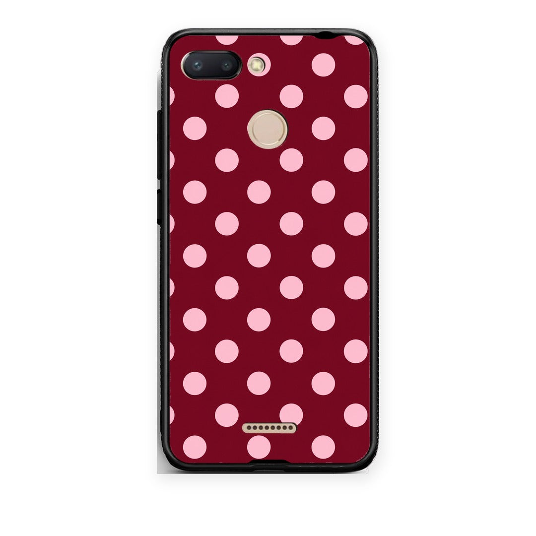 Θήκη Xiaomi Redmi 6 Pink Polka Dots on Burgundy από τη Smartfits με σχέδιο στο πίσω μέρος και μαύρο περίβλημα | Xiaomi Redmi 6 Pink Polka Dots on Burgundy case with colorful back and black bezels