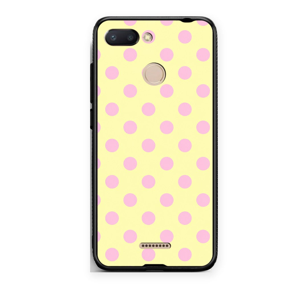 Θήκη Xiaomi Redmi 6 Pink Polka Dots on Yellow από τη Smartfits με σχέδιο στο πίσω μέρος και μαύρο περίβλημα | Xiaomi Redmi 6 Pink Polka Dots on Yellow case with colorful back and black bezels