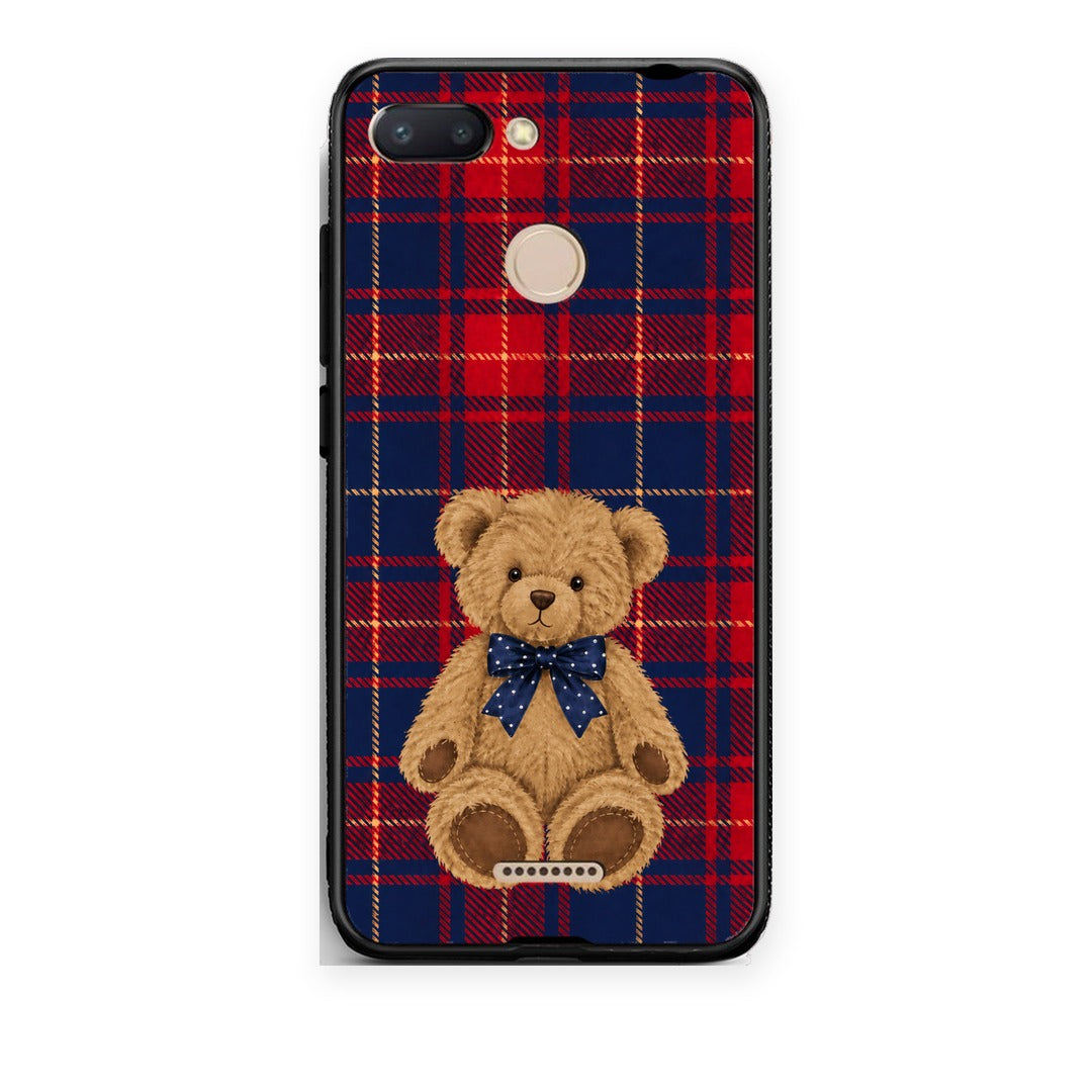 Θήκη Xiaomi Redmi 6 Teddy Bear on Red and Navy Tartan από τη Smartfits με σχέδιο στο πίσω μέρος και μαύρο περίβλημα | Xiaomi Redmi 6 Teddy Bear on Red and Navy Tartan case with colorful back and black bezels