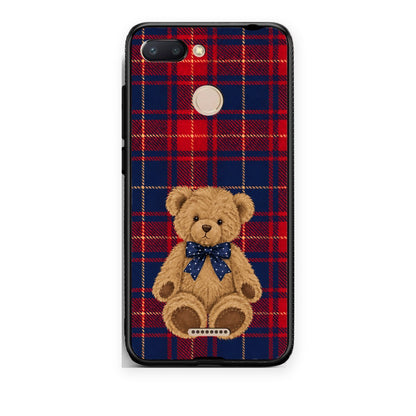 Θήκη Xiaomi Redmi 6 Teddy Bear on Red and Navy Tartan από τη Smartfits με σχέδιο στο πίσω μέρος και μαύρο περίβλημα | Xiaomi Redmi 6 Teddy Bear on Red and Navy Tartan case with colorful back and black bezels