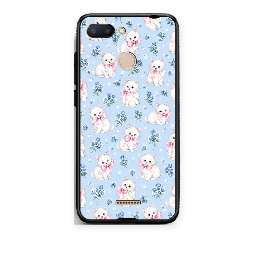 Θήκη Xiaomi Redmi 6 White Kittens and Blue Flowers Small από τη Smartfits με σχέδιο στο πίσω μέρος και μαύρο περίβλημα | Xiaomi Redmi 6 White Kittens and Blue Flowers Small case with colorful back and black bezels