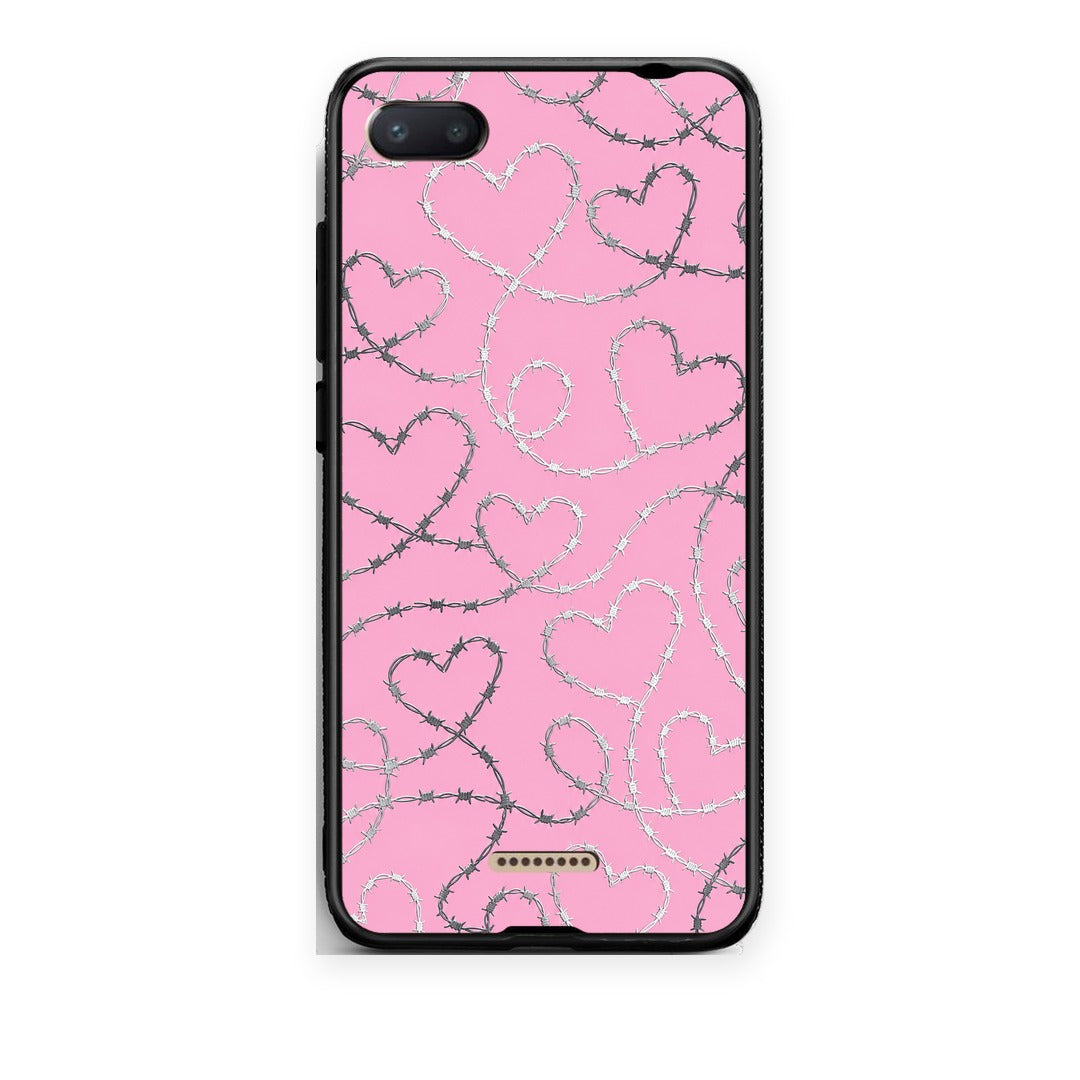 Θήκη Xiaomi Redmi 6A Barbed Wire Hearts on Pink από τη Smartfits με σχέδιο στο πίσω μέρος και μαύρο περίβλημα | Xiaomi Redmi 6A Barbed Wire Hearts on Pink case with colorful back and black bezels