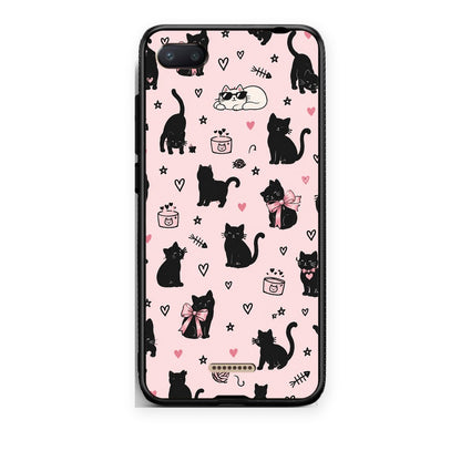 Θήκη Xiaomi Redmi 6A Black Cat Doodles on Pink από τη Smartfits με σχέδιο στο πίσω μέρος και μαύρο περίβλημα | Xiaomi Redmi 6A Black Cat Doodles on Pink case with colorful back and black bezels