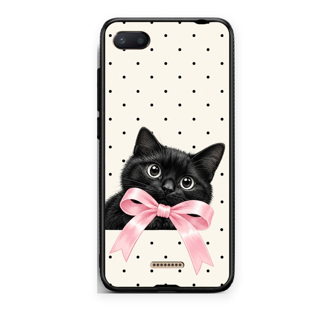 Θήκη Xiaomi Redmi 6A Black Kitten Pink Bow and Polka Dots από τη Smartfits με σχέδιο στο πίσω μέρος και μαύρο περίβλημα | Xiaomi Redmi 6A Black Kitten Pink Bow and Polka Dots case with colorful back and black bezels