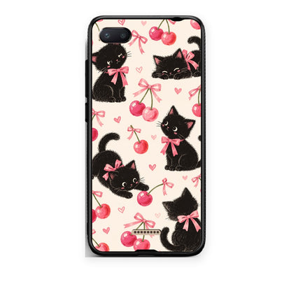 Θήκη Xiaomi Redmi 6A Black Kittens and Cherries on Cream από τη Smartfits με σχέδιο στο πίσω μέρος και μαύρο περίβλημα | Xiaomi Redmi 6A Black Kittens and Cherries on Cream case with colorful back and black bezels