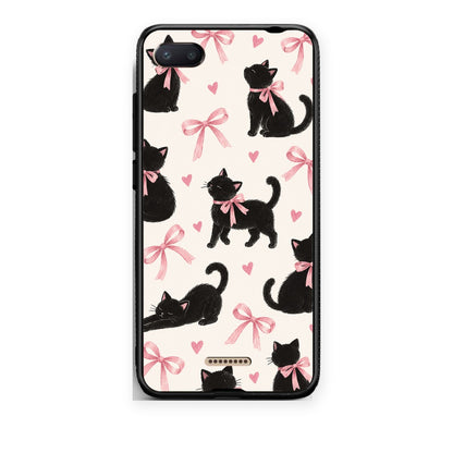 Θήκη Xiaomi Redmi 6A Black Kittens and Pink Bows on Cream Large από τη Smartfits με σχέδιο στο πίσω μέρος και μαύρο περίβλημα | Xiaomi Redmi 6A Black Kittens and Pink Bows on Cream Large case with colorful back and black bezels