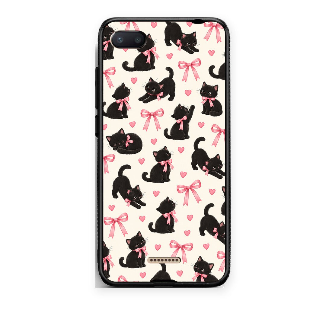 Θήκη Xiaomi Redmi 6A Black Kittens and Pink Bows on Cream Small από τη Smartfits με σχέδιο στο πίσω μέρος και μαύρο περίβλημα | Xiaomi Redmi 6A Black Kittens and Pink Bows on Cream Small case with colorful back and black bezels