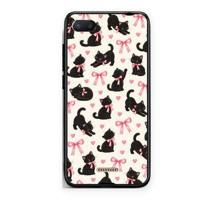 Θήκη Xiaomi Redmi 6A Black Kittens and Pink Bows on Cream Small από τη Smartfits με σχέδιο στο πίσω μέρος και μαύρο περίβλημα | Xiaomi Redmi 6A Black Kittens and Pink Bows on Cream Small case with colorful back and black bezels