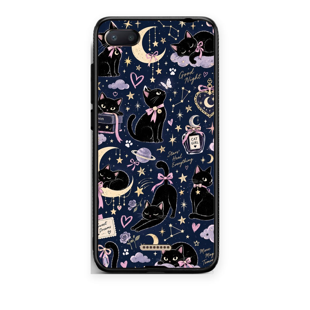 Θήκη Xiaomi Redmi 6A Celestial Black Cats on Navy από τη Smartfits με σχέδιο στο πίσω μέρος και μαύρο περίβλημα | Xiaomi Redmi 6A Celestial Black Cats on Navy case with colorful back and black bezels