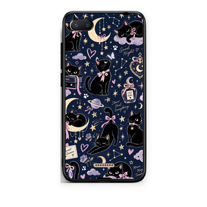Θήκη Xiaomi Redmi 6A Celestial Black Cats on Navy από τη Smartfits με σχέδιο στο πίσω μέρος και μαύρο περίβλημα | Xiaomi Redmi 6A Celestial Black Cats on Navy case with colorful back and black bezels