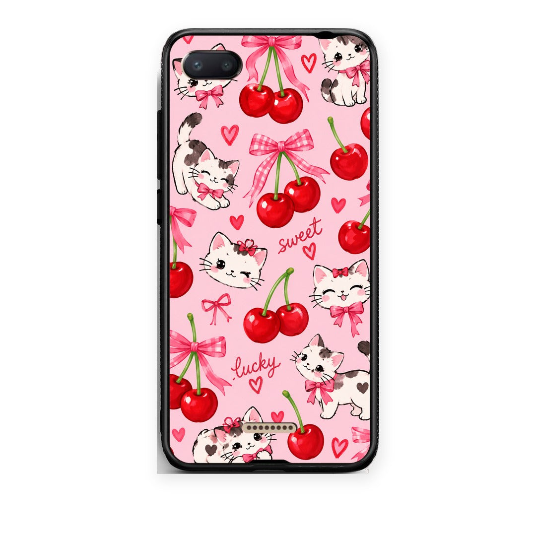 Θήκη Xiaomi Redmi 6A Cherries Bows and Kittens on Pink από τη Smartfits με σχέδιο στο πίσω μέρος και μαύρο περίβλημα | Xiaomi Redmi 6A Cherries Bows and Kittens on Pink case with colorful back and black bezels