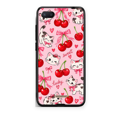 Θήκη Xiaomi Redmi 6A Cherries Bows and Kittens on Pink από τη Smartfits με σχέδιο στο πίσω μέρος και μαύρο περίβλημα | Xiaomi Redmi 6A Cherries Bows and Kittens on Pink case with colorful back and black bezels