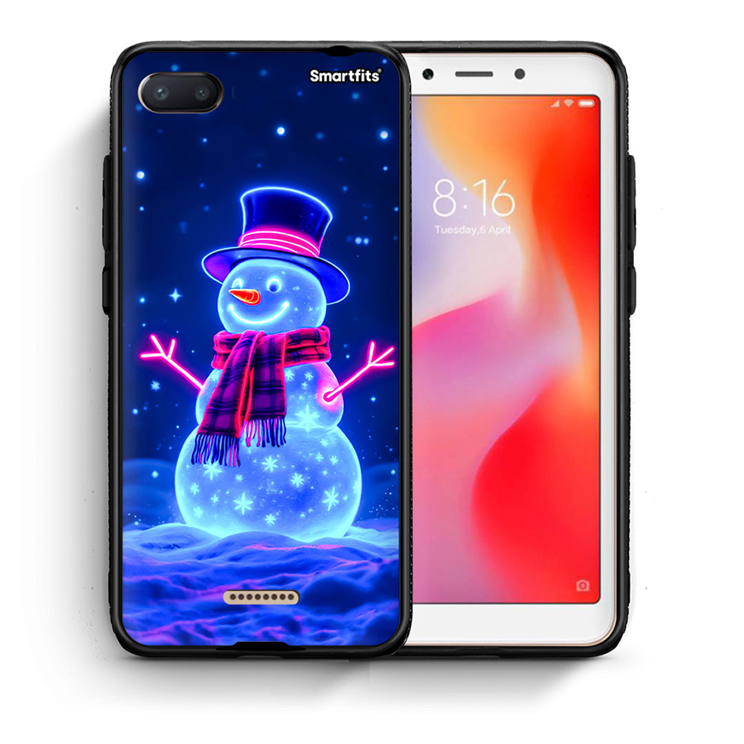 Θήκη Xiaomi Redmi 6A Christmas Neon Snowman από τη Smartfits με σχέδιο στο πίσω μέρος και μαύρο περίβλημα | Xiaomi Redmi 6A Christmas Neon Snowman case with colorful back and black bezels