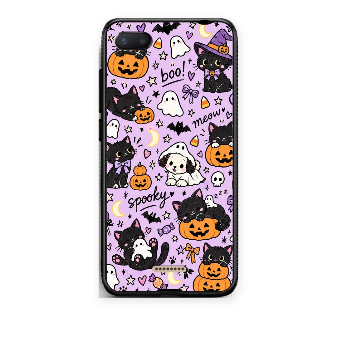 Θήκη Xiaomi Redmi 6A Halloween Black Cats on Lilac από τη Smartfits με σχέδιο στο πίσω μέρος και μαύρο περίβλημα | Xiaomi Redmi 6A Halloween Black Cats on Lilac case with colorful back and black bezels