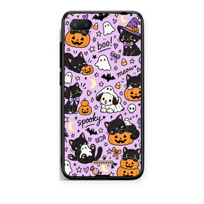 Θήκη Xiaomi Redmi 6A Halloween Black Cats on Lilac από τη Smartfits με σχέδιο στο πίσω μέρος και μαύρο περίβλημα | Xiaomi Redmi 6A Halloween Black Cats on Lilac case with colorful back and black bezels
