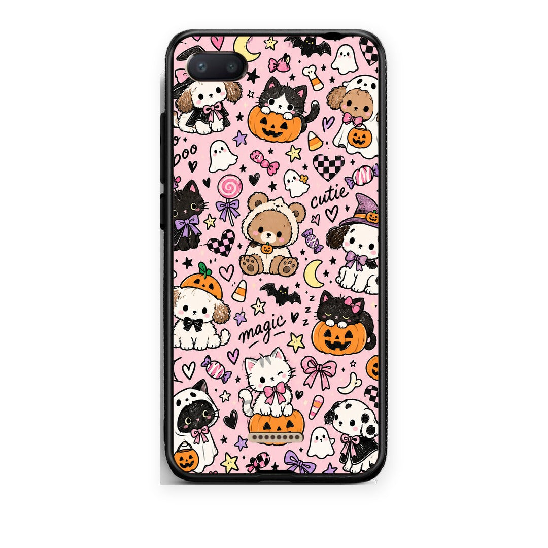 Θήκη Xiaomi Redmi 6A Halloween Cute Animals on Pink από τη Smartfits με σχέδιο στο πίσω μέρος και μαύρο περίβλημα | Xiaomi Redmi 6A Halloween Cute Animals on Pink case with colorful back and black bezels