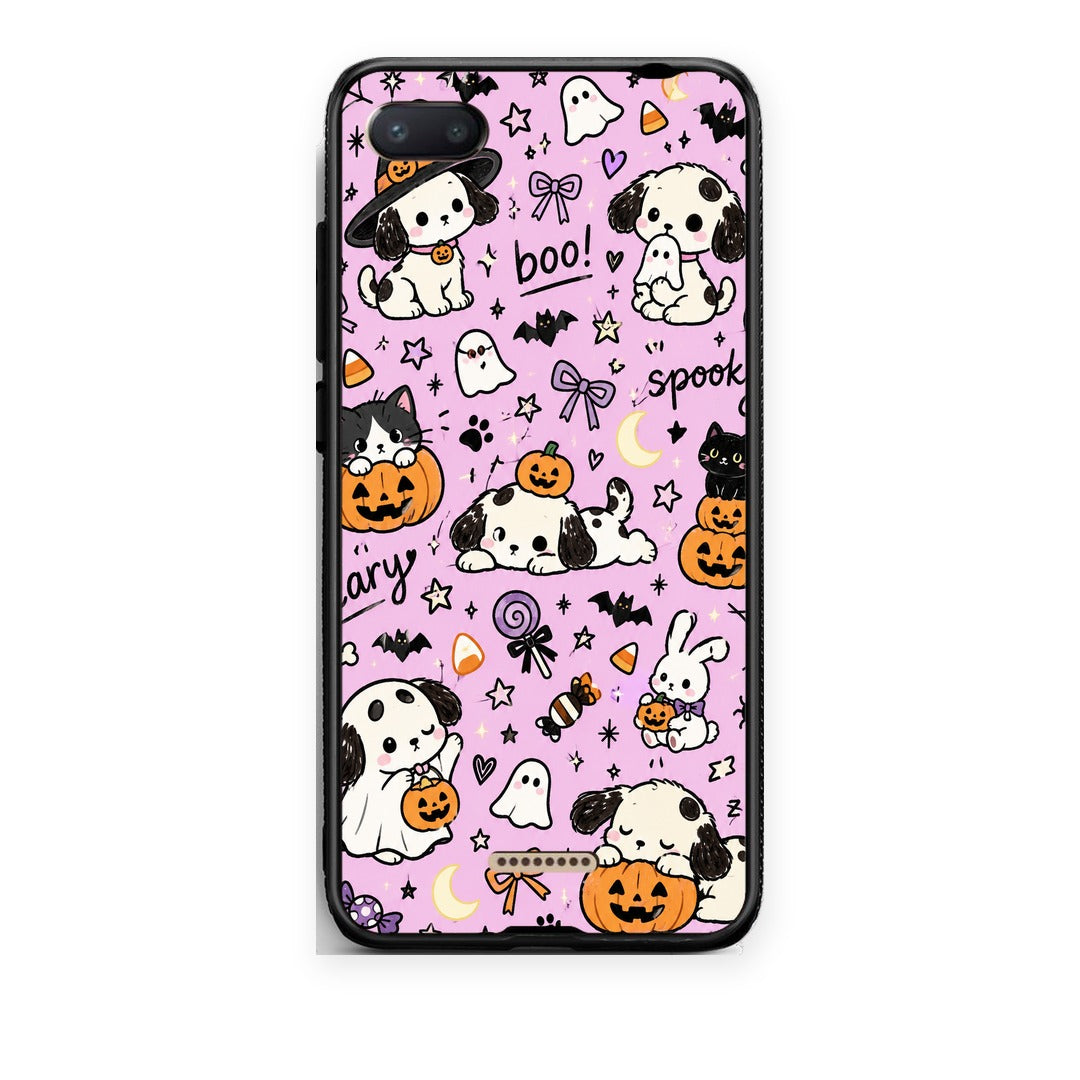 Θήκη Xiaomi Redmi 6A Halloween Puppies and Friends on Lilac από τη Smartfits με σχέδιο στο πίσω μέρος και μαύρο περίβλημα | Xiaomi Redmi 6A Halloween Puppies and Friends on Lilac case with colorful back and black bezels