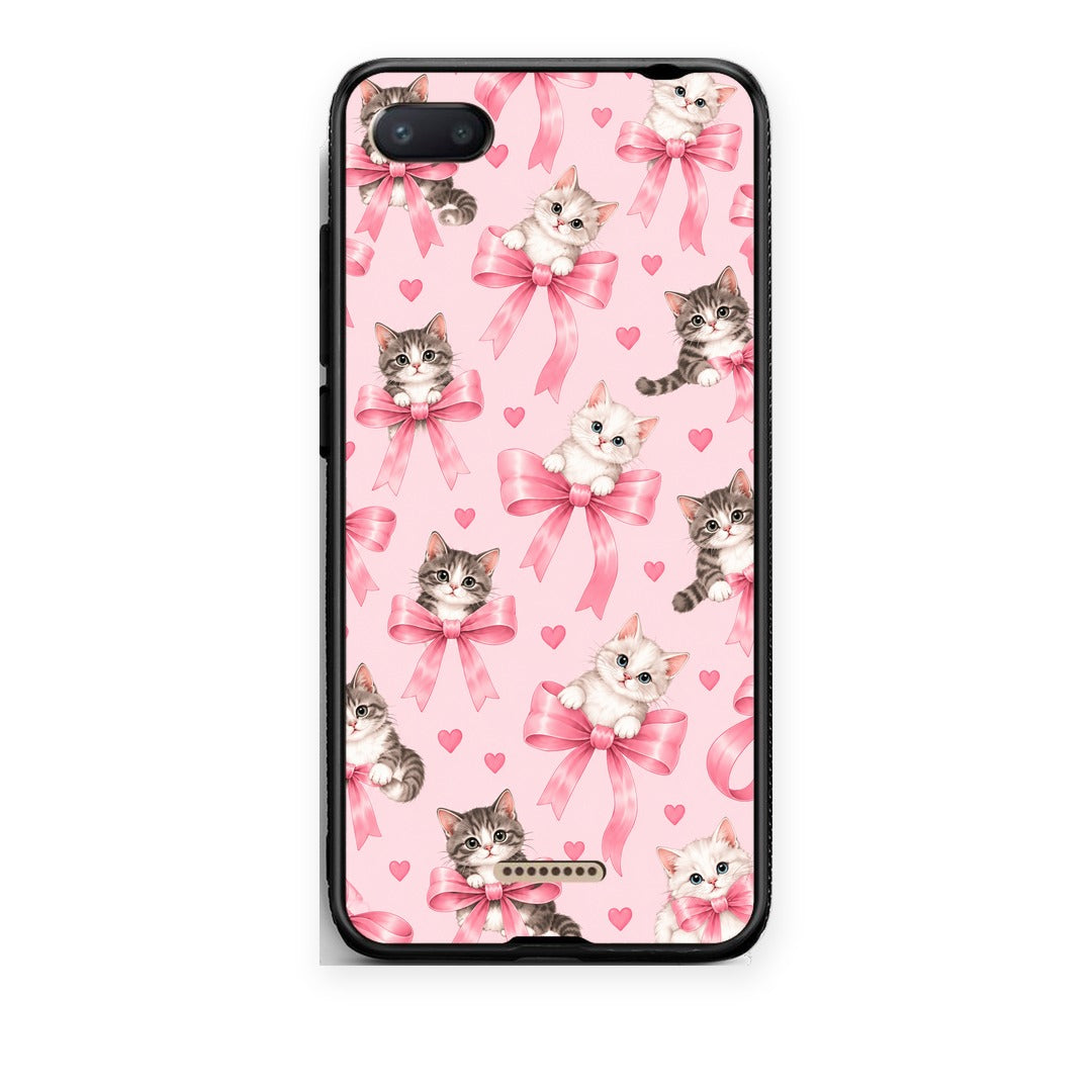 Θήκη Xiaomi Redmi 6A Kittens and Pink Bows on Pink από τη Smartfits με σχέδιο στο πίσω μέρος και μαύρο περίβλημα | Xiaomi Redmi 6A Kittens and Pink Bows on Pink case with colorful back and black bezels