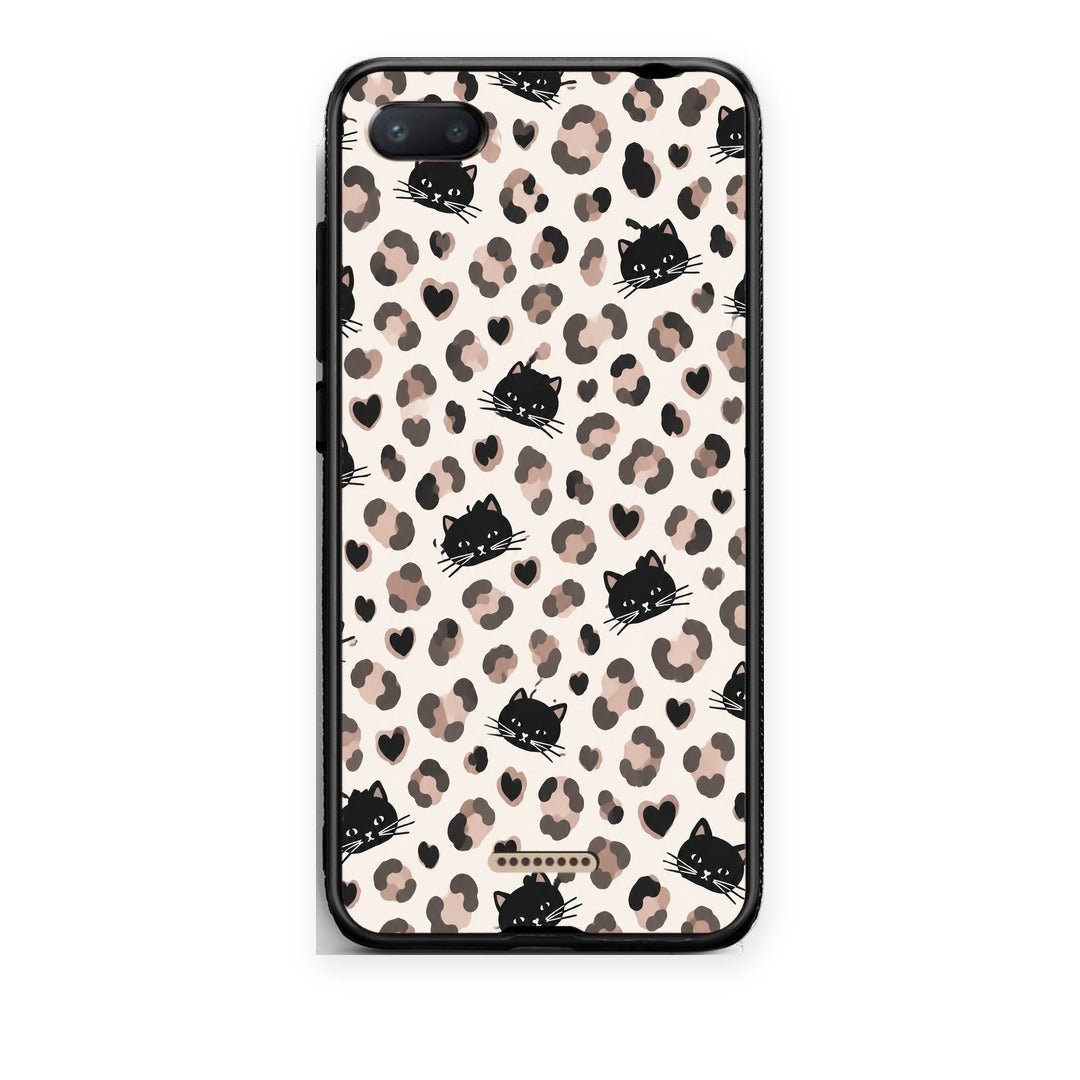 Θήκη Xiaomi Redmi 6A Leopard Spots and Black Cats on Cream από τη Smartfits με σχέδιο στο πίσω μέρος και μαύρο περίβλημα | Xiaomi Redmi 6A Leopard Spots and Black Cats on Cream case with colorful back and black bezels